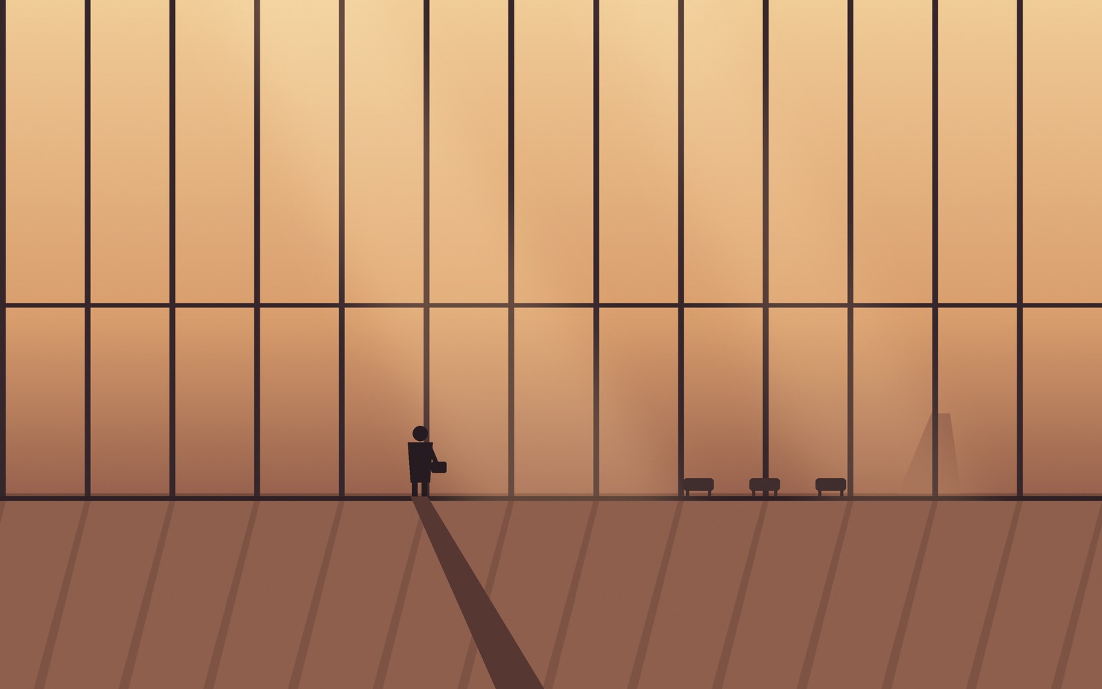 A lone traveler silhouetted against a glass curtain wall in an empty concourse