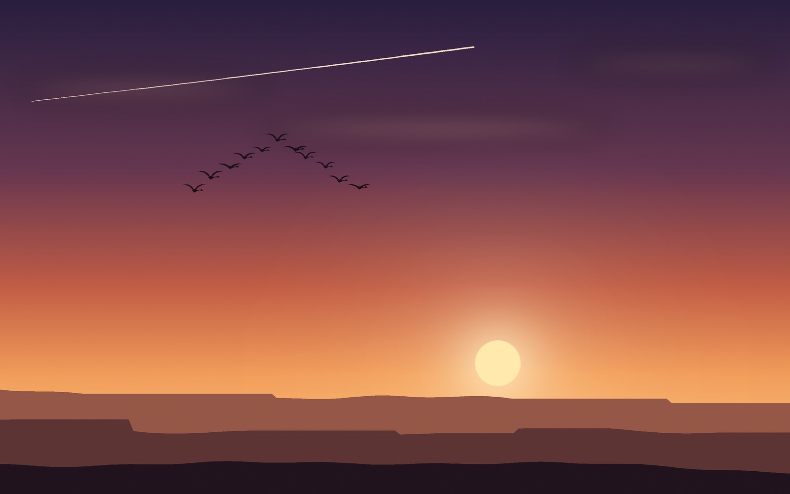 A skein of geese crossing a high-desert dusk, one contrail above them