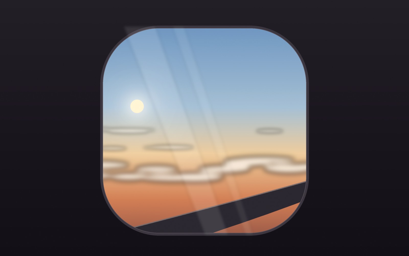 A camera lens held close to a scratched airliner window with clouds beyond